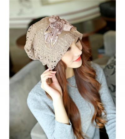 Skullies & Beanies Womens Lace Flower Beanie Hat Slouchy Hip-hop Skull Cap Warm Turban - Khaki - CG1862D6MG5 $8.81