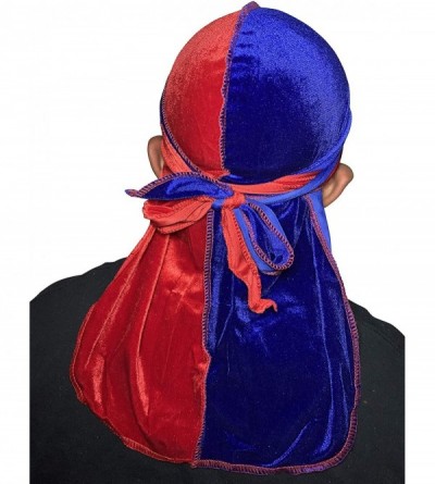 Baseball Caps Velvet Durag 360 Waves Extra Long Straps for Men - 2 Tone Blue/Red - CG1948EMC08 $17.60