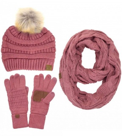 Skullies & Beanies 3pc Set Trendy Warm Chunky Soft Stretch Cable Knit Pom Pom Beanie- Scarves and Gloves Set - Mauve - CY18KO...