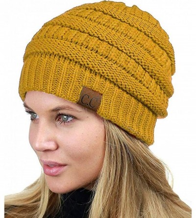 Skullies & Beanies Unisex Chunky Soft Stretch Cable Knit Warm Fuzzy Lined Skully Beanie - Mustard - CV1937O43A9 $13.48