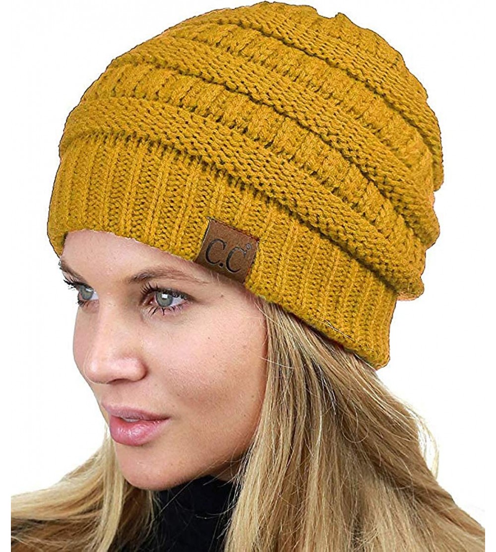 Skullies & Beanies Unisex Chunky Soft Stretch Cable Knit Warm Fuzzy Lined Skully Beanie - Mustard - CV1937O43A9 $13.48