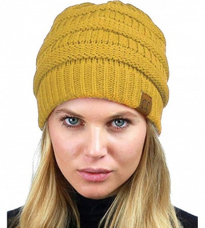 Skullies & Beanies Unisex Chunky Soft Stretch Cable Knit Warm Fuzzy Lined Skully Beanie - Mustard - CV1937O43A9 $13.48