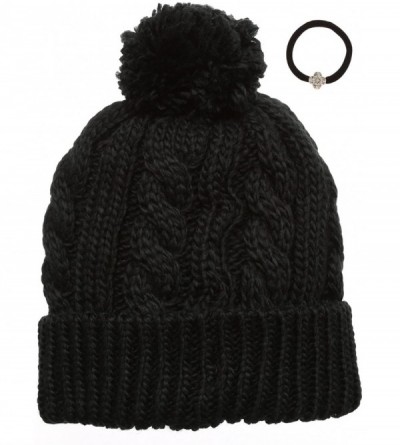 Skullies & Beanies Women's Thick Oversized Cable Knitted Fleece Lined Pom Pom Beanie Hat with Hair Tie. - Black - CT12JOJOR7V...