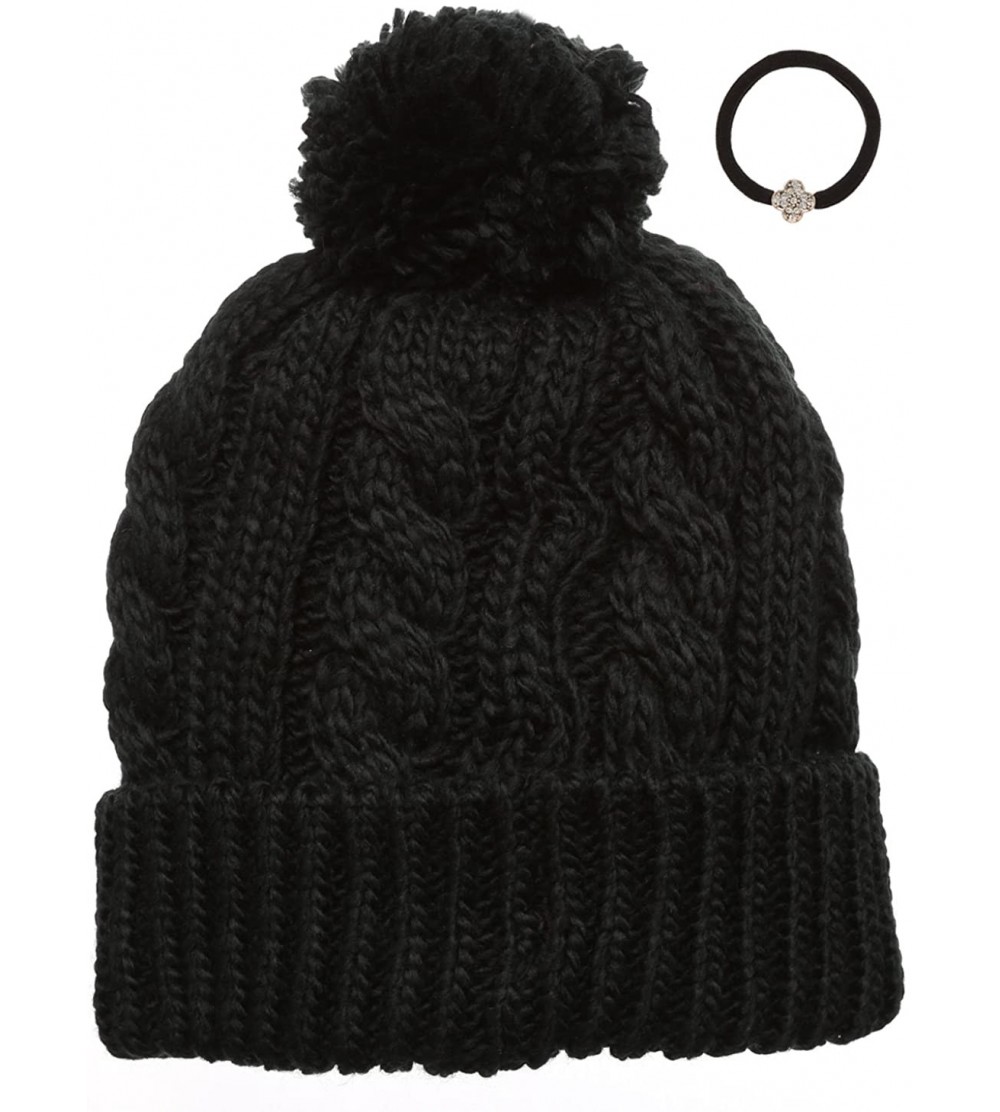 Skullies & Beanies Women's Thick Oversized Cable Knitted Fleece Lined Pom Pom Beanie Hat with Hair Tie. - Black - CT12JOJOR7V...