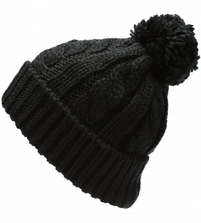 Skullies & Beanies Women's Thick Oversized Cable Knitted Fleece Lined Pom Pom Beanie Hat with Hair Tie. - Black - CT12JOJOR7V...