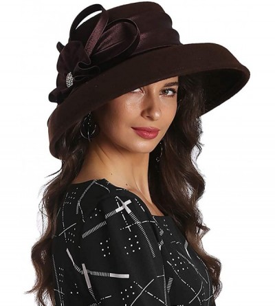 Bucket Hats Elegant Women Wool Felt Floral Trimmed Cloche Bucket Winter Church Hats - Brown - C018KR2ZI5U $29.52