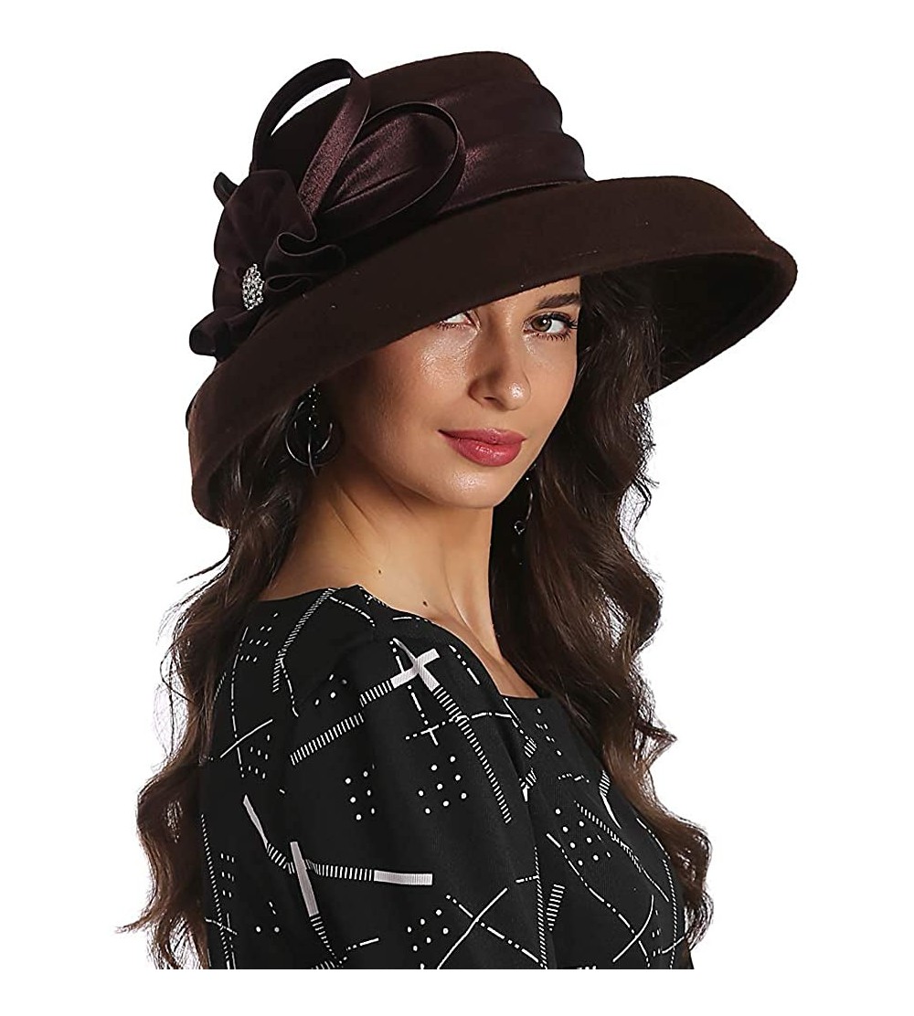 Bucket Hats Elegant Women Wool Felt Floral Trimmed Cloche Bucket Winter Church Hats - Brown - C018KR2ZI5U $70.32