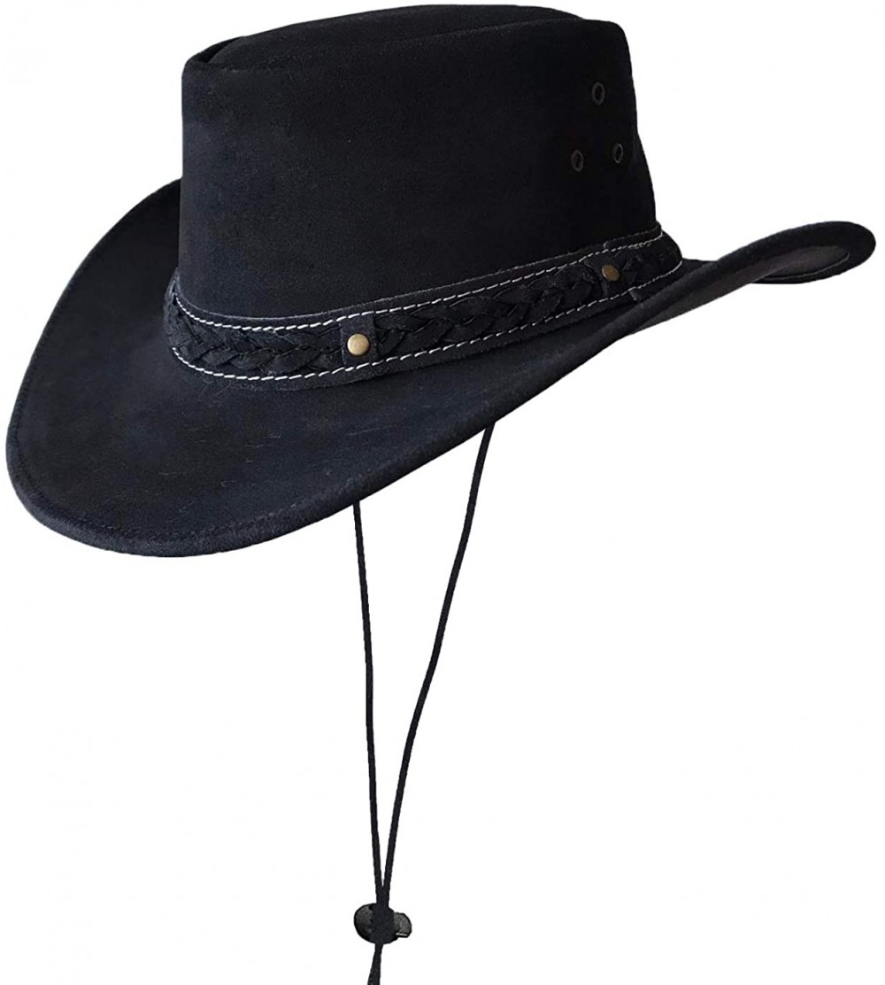 Cowboy Hats Mens Suede Leather Down Under Cowboy Aussie Outback Hat - Black - CP18KRERXUZ $41.21