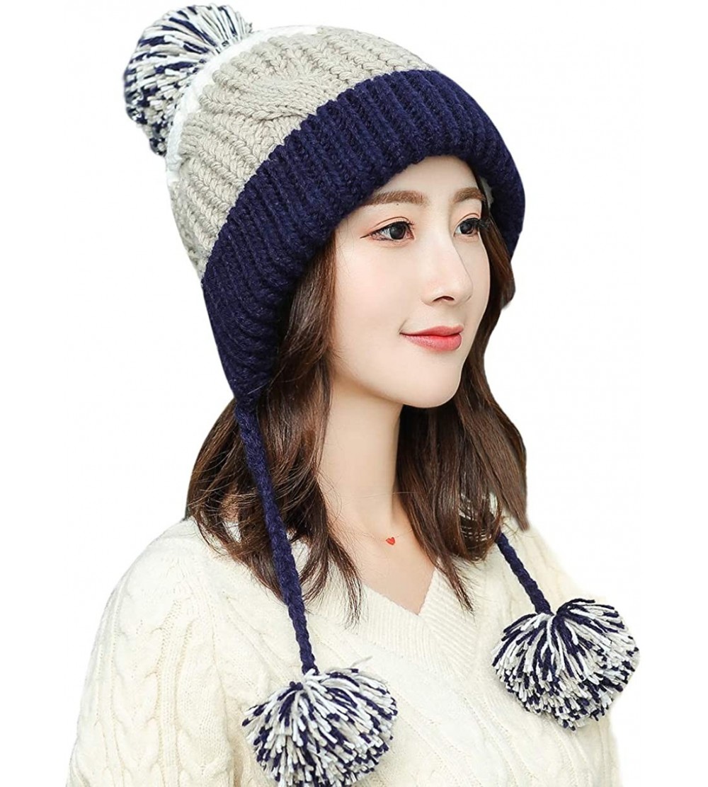 Skullies & Beanies Women Winter Peruvian Beanie Hat Ski Cap Fleece Lined Ear Flaps Dual Layered Pompoms - M8375-zangqing - CL...