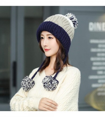 Skullies & Beanies Women Winter Peruvian Beanie Hat Ski Cap Fleece Lined Ear Flaps Dual Layered Pompoms - M8375-zangqing - CL...