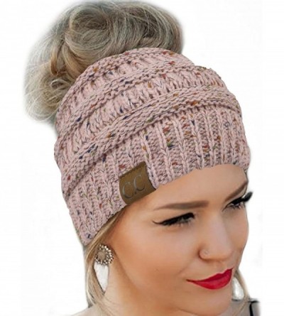 Skullies & Beanies Quality Knit Messy Bun Hat Beanie - Pink Flecked - CP188U2A2GK $12.82