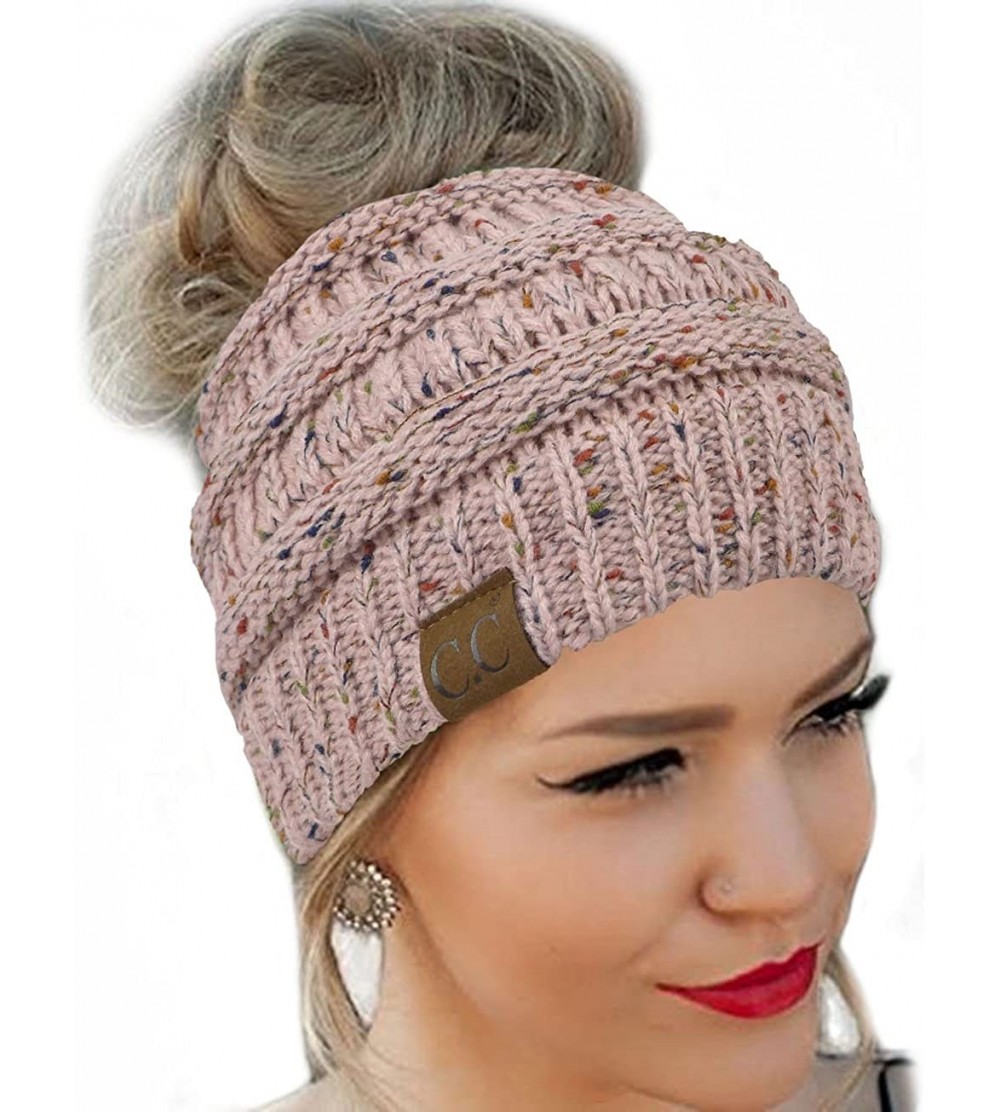 Skullies & Beanies Quality Knit Messy Bun Hat Beanie - Pink Flecked - CP188U2A2GK $12.82