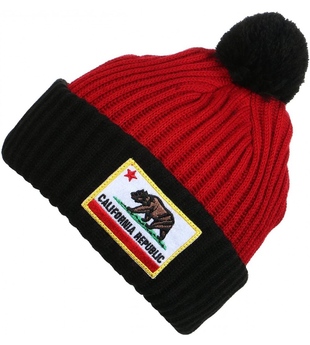 Skullies & Beanies The California Republic Pom Beanie - Flag Red Black - C211PKD62CJ $13.31