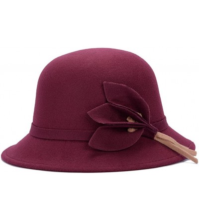 Bomber Hats Fahion Style Woolen Cloche Bucket Hat with Flower Accent Winter Hat for Women - Burgundy-a - C71208QHEO7 $22.74