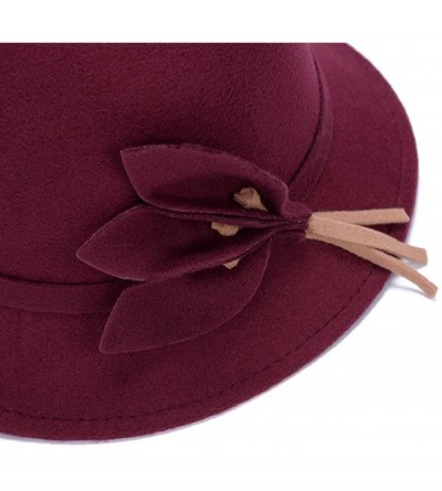 Bomber Hats Fahion Style Woolen Cloche Bucket Hat with Flower Accent Winter Hat for Women - Burgundy-a - C71208QHEO7 $22.74