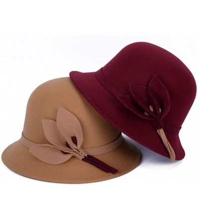 Bomber Hats Fahion Style Woolen Cloche Bucket Hat with Flower Accent Winter Hat for Women - Burgundy-a - C71208QHEO7 $22.74