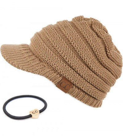 Visors Hatsandscarf Exclusives Women's Ribbed Knit Hat with Brim (YJ-131) - Camel With Ponytail Holder - CI18XEEDUW0 $26.80