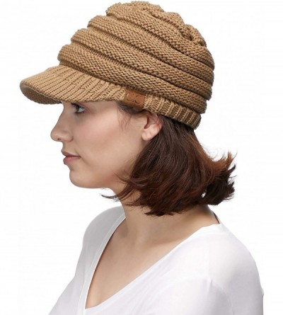 Visors Hatsandscarf Exclusives Women's Ribbed Knit Hat with Brim (YJ-131) - Camel With Ponytail Holder - CI18XEEDUW0 $13.92