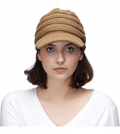Visors Hatsandscarf Exclusives Women's Ribbed Knit Hat with Brim (YJ-131) - Camel With Ponytail Holder - CI18XEEDUW0 $13.92