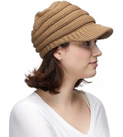 Visors Hatsandscarf Exclusives Women's Ribbed Knit Hat with Brim (YJ-131) - Camel With Ponytail Holder - CI18XEEDUW0 $13.92