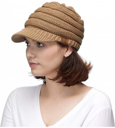 Visors Hatsandscarf Exclusives Women's Ribbed Knit Hat with Brim (YJ-131) - Camel With Ponytail Holder - CI18XEEDUW0 $13.92