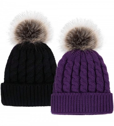 Skullies & Beanies Womens Winter Hand Knit Faux Fur Pompoms Beanie Hat - Black/Purple - CW18DW0EZLK $41.69