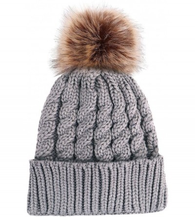 Skullies & Beanies Winter Hand Knit Beanie Hat with Faux Fur Pompom - Grey - CD12MZ2MXW7 $31.51