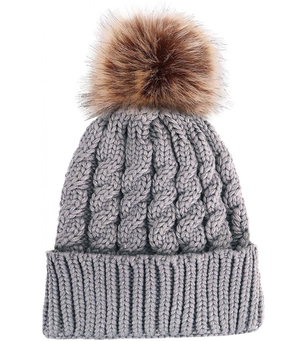 Skullies & Beanies Winter Hand Knit Beanie Hat with Faux Fur Pompom - Grey - CD12MZ2MXW7 $12.74