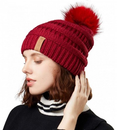 Skullies & Beanies Women's Winter Hat Slouchy Beanie Knit Watch Cap Faux Fur Pom Pom Hat Crochet Hats for Women - Red - C518X...