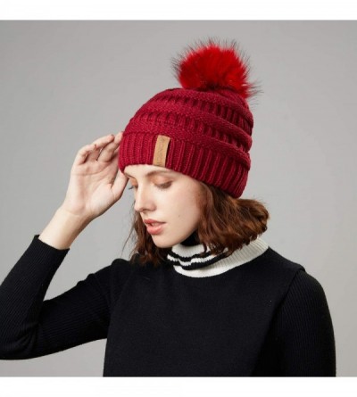 Skullies & Beanies Women's Winter Hat Slouchy Beanie Knit Watch Cap Faux Fur Pom Pom Hat Crochet Hats for Women - Red - C518X...