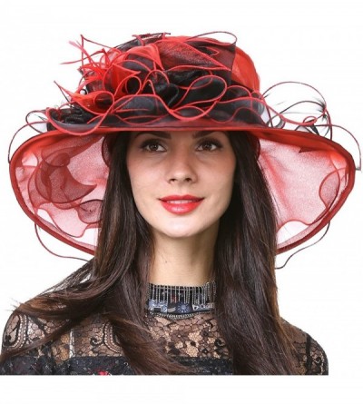 Sun Hats Ladies Kentucky Derby Church Hat Wide Brim Leaf Flower Bridal Dress Hat s037 - Red&black - CT12CV36HHZ $20.55