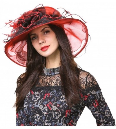 Sun Hats Ladies Kentucky Derby Church Hat Wide Brim Leaf Flower Bridal Dress Hat s037 - Red&black - CT12CV36HHZ $20.55