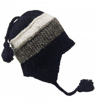 Skullies & Beanies Nepal Hand Knit Sherpa Hat with Ear Flaps- Trapper Ski Heavy Wool Fleeced Lined Cap - Black/White Snowboar...