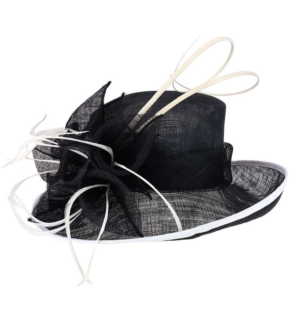 Sun Hats Women's Feather Quill Decorated Flower Wide Brim Sinamay Hat - Black - C618R6CTZOW $39.51