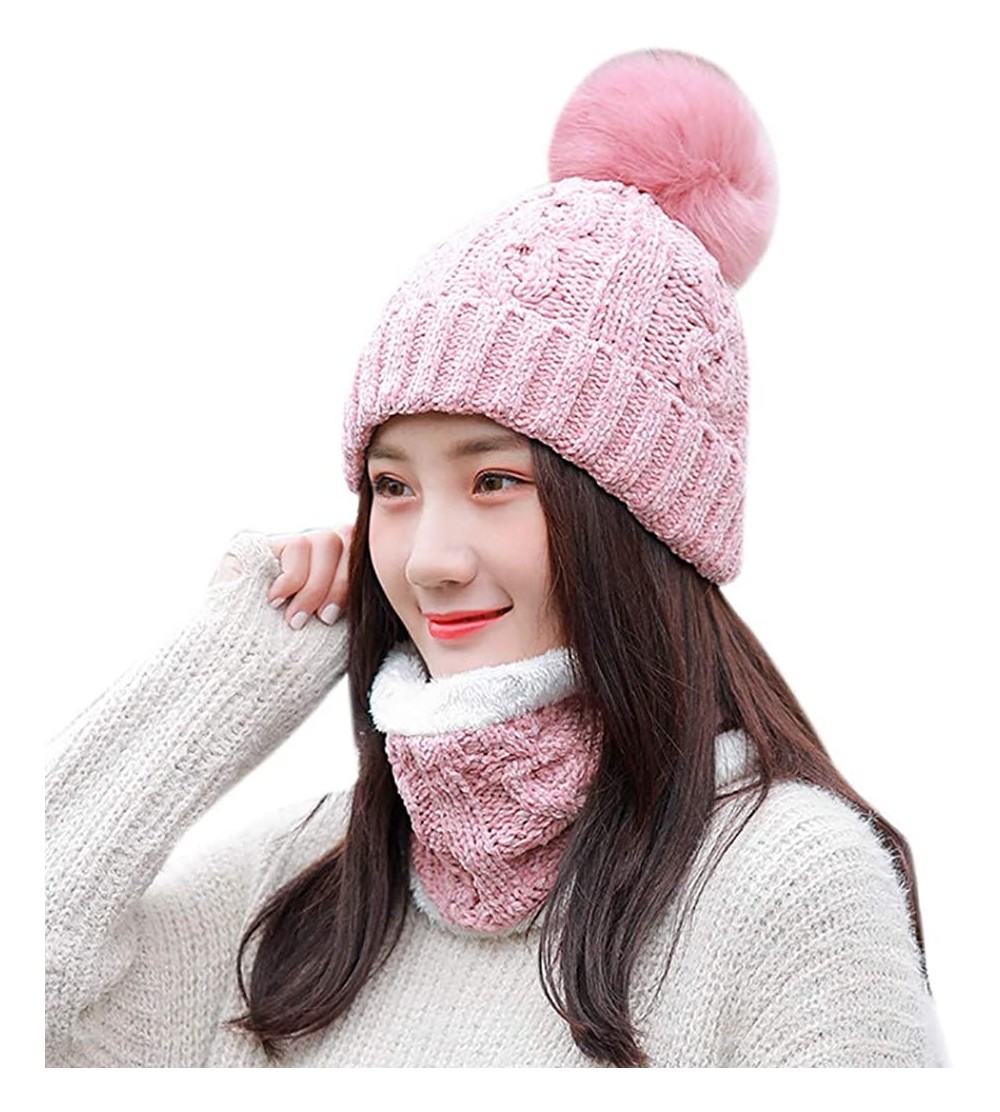 Skullies & Beanies Women Ladies Winter Hats Knit Warm Hat Conjoined Cap Hat Set - Q-pink -(Hat+scarf) - CH18LYXOL87 $12.36