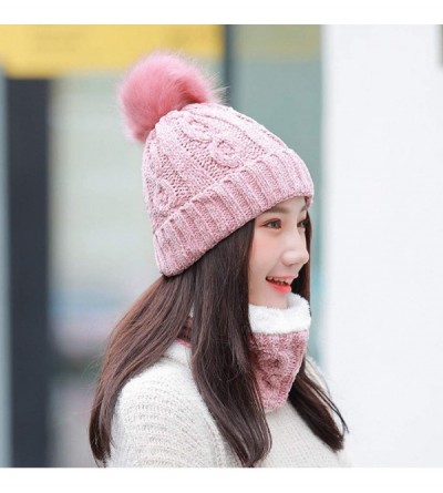 Skullies & Beanies Women Ladies Winter Hats Knit Warm Hat Conjoined Cap Hat Set - Q-pink -(Hat+scarf) - CH18LYXOL87 $12.36