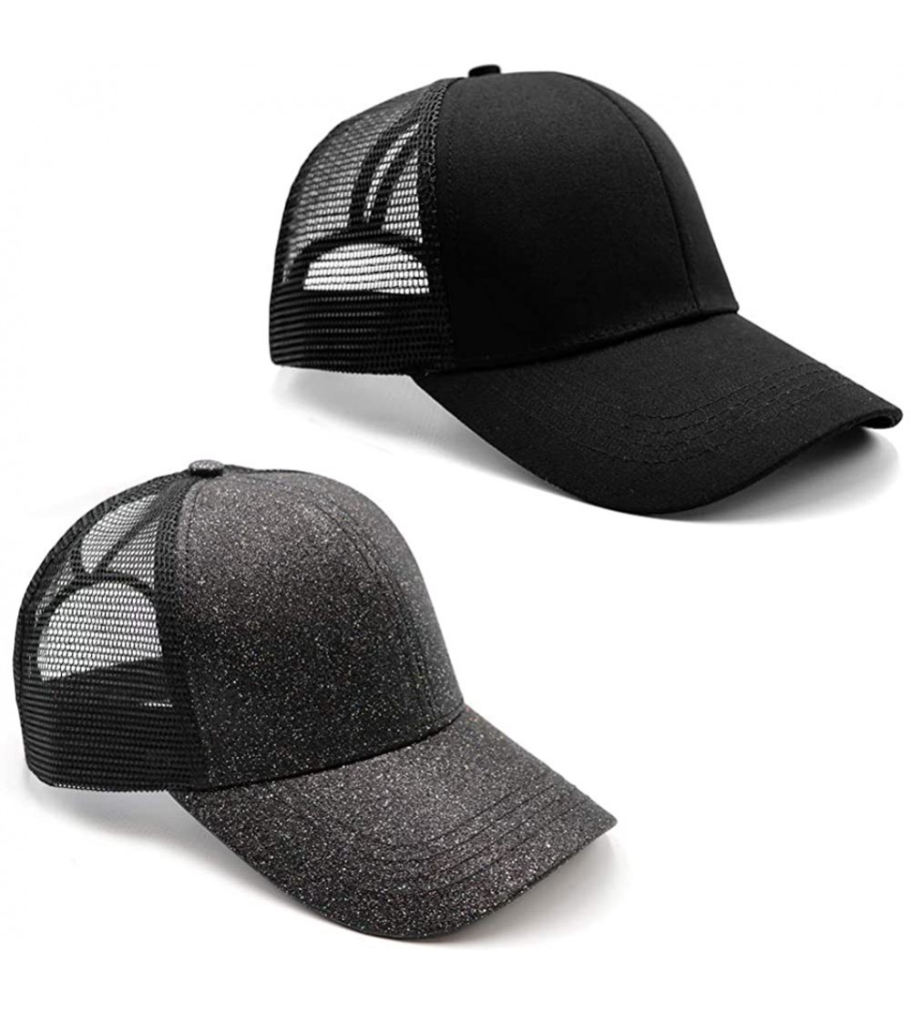 Baseball Caps Ponytail High Buns Ponycaps Baseball Adjustable - 2 Pack Black+glitter Black - CN18R352INL $14.96