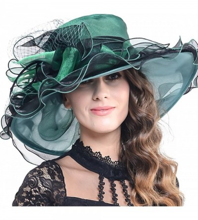 Sun Hats Women Organza Church Kentucky Derby Dress Fascinator Wide Brim Floral Tea Party Wedding Hat - Green With Black - CS1...