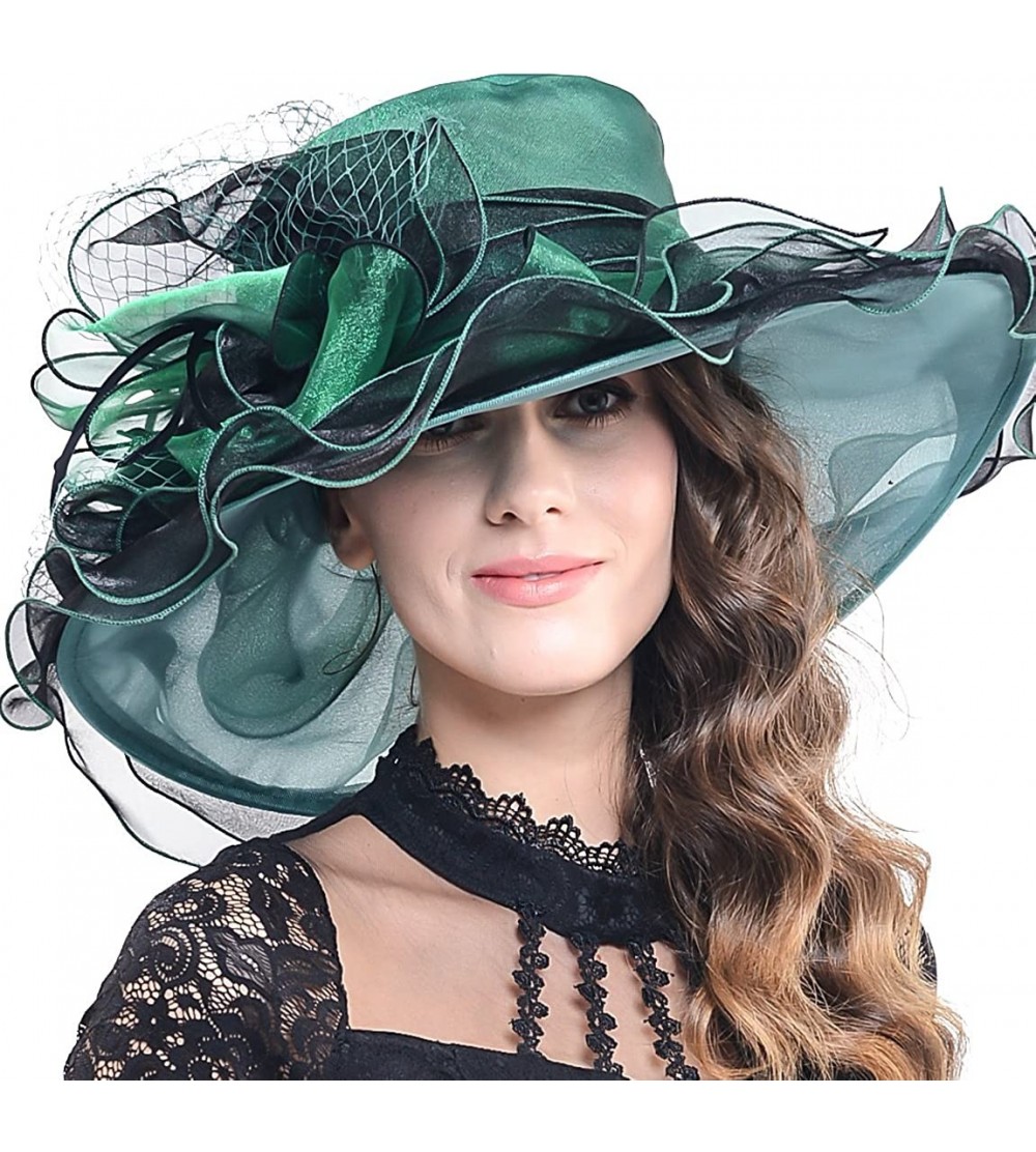 Sun Hats Women Organza Church Kentucky Derby Dress Fascinator Wide Brim Floral Tea Party Wedding Hat - Green With Black - CS1...