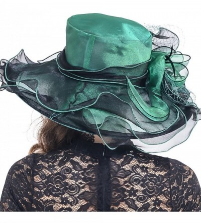 Sun Hats Women Organza Church Kentucky Derby Dress Fascinator Wide Brim Floral Tea Party Wedding Hat - Green With Black - CS1...