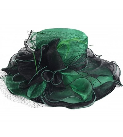 Sun Hats Women Organza Church Kentucky Derby Dress Fascinator Wide Brim Floral Tea Party Wedding Hat - Green With Black - CS1...