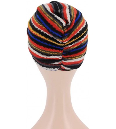 Skullies & Beanies Shiny Metallic Turban Cap Indian Pleated Headwrap Swami Hat Chemo Cap for Women - Red Striped - CB18WYI0HZ...