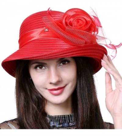 Bucket Hats Women Kentucky Derby Dress Church Wedding Party Feather Bucket Hat S608-A - Red - CK17YUCY5U9 $25.62