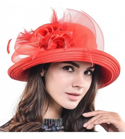 Bucket Hats Women Kentucky Derby Dress Church Wedding Party Feather Bucket Hat S608-A - Red - CK17YUCY5U9 $25.62