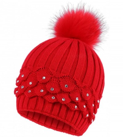 Skullies & Beanies Horizontal Cable Knit Beanie with Sequins and Faux Fur Pompom - Red1 - CU185LUEQSW $21.06