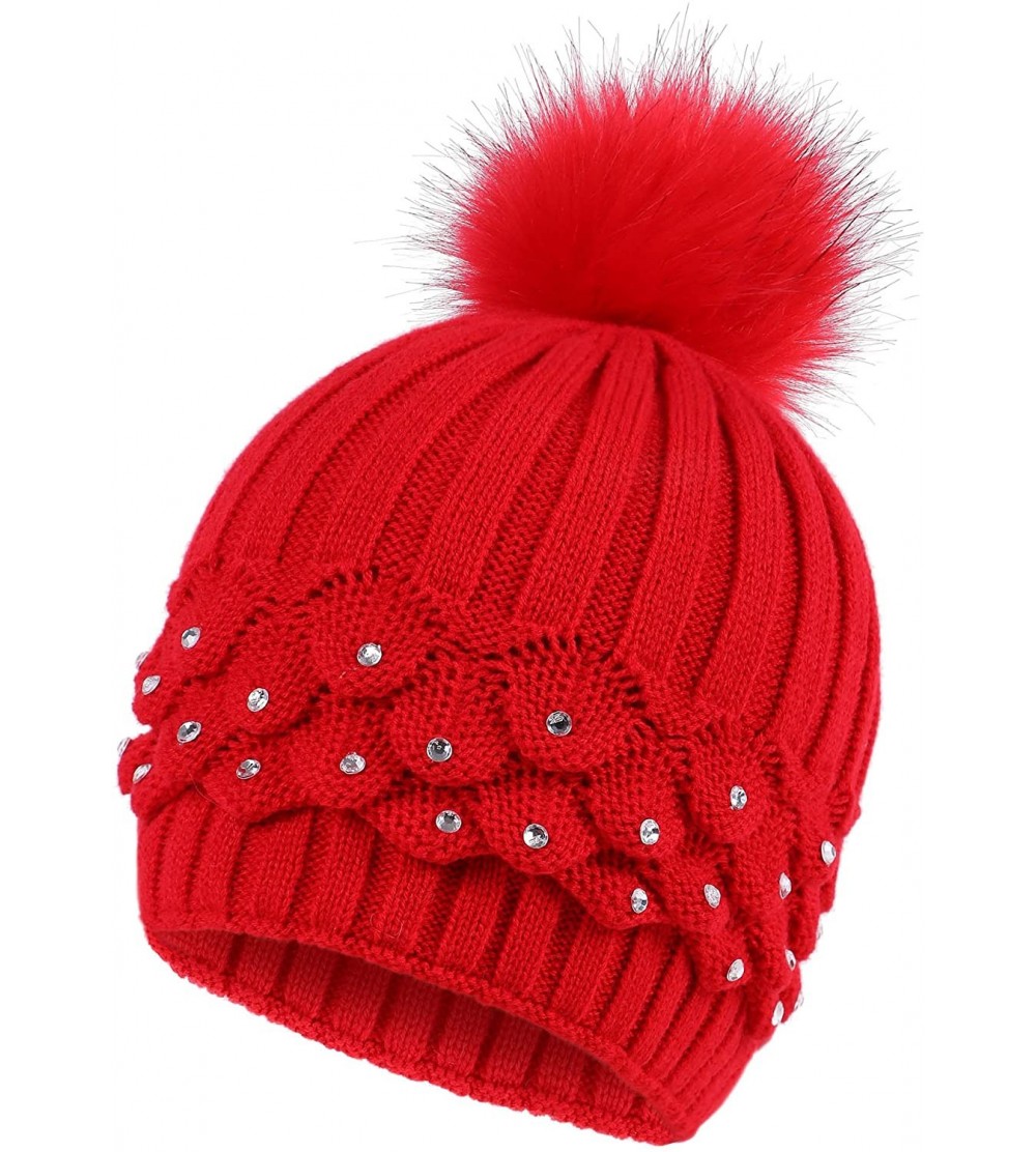 Skullies & Beanies Horizontal Cable Knit Beanie with Sequins and Faux Fur Pompom - Red1 - CU185LUEQSW $10.17