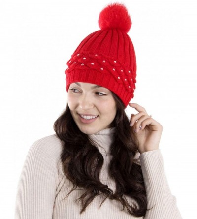 Skullies & Beanies Horizontal Cable Knit Beanie with Sequins and Faux Fur Pompom - Red1 - CU185LUEQSW $10.17
