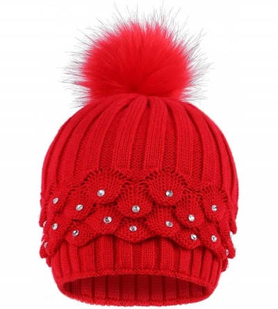 Skullies & Beanies Horizontal Cable Knit Beanie with Sequins and Faux Fur Pompom - Red1 - CU185LUEQSW $10.17