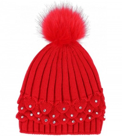 Skullies & Beanies Horizontal Cable Knit Beanie with Sequins and Faux Fur Pompom - Red1 - CU185LUEQSW $10.17