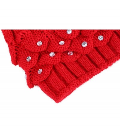 Skullies & Beanies Horizontal Cable Knit Beanie with Sequins and Faux Fur Pompom - Red1 - CU185LUEQSW $10.17